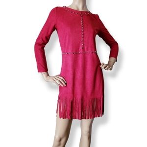 Neslay Design Red Faux Suede Studded Fringe Hem Dress
